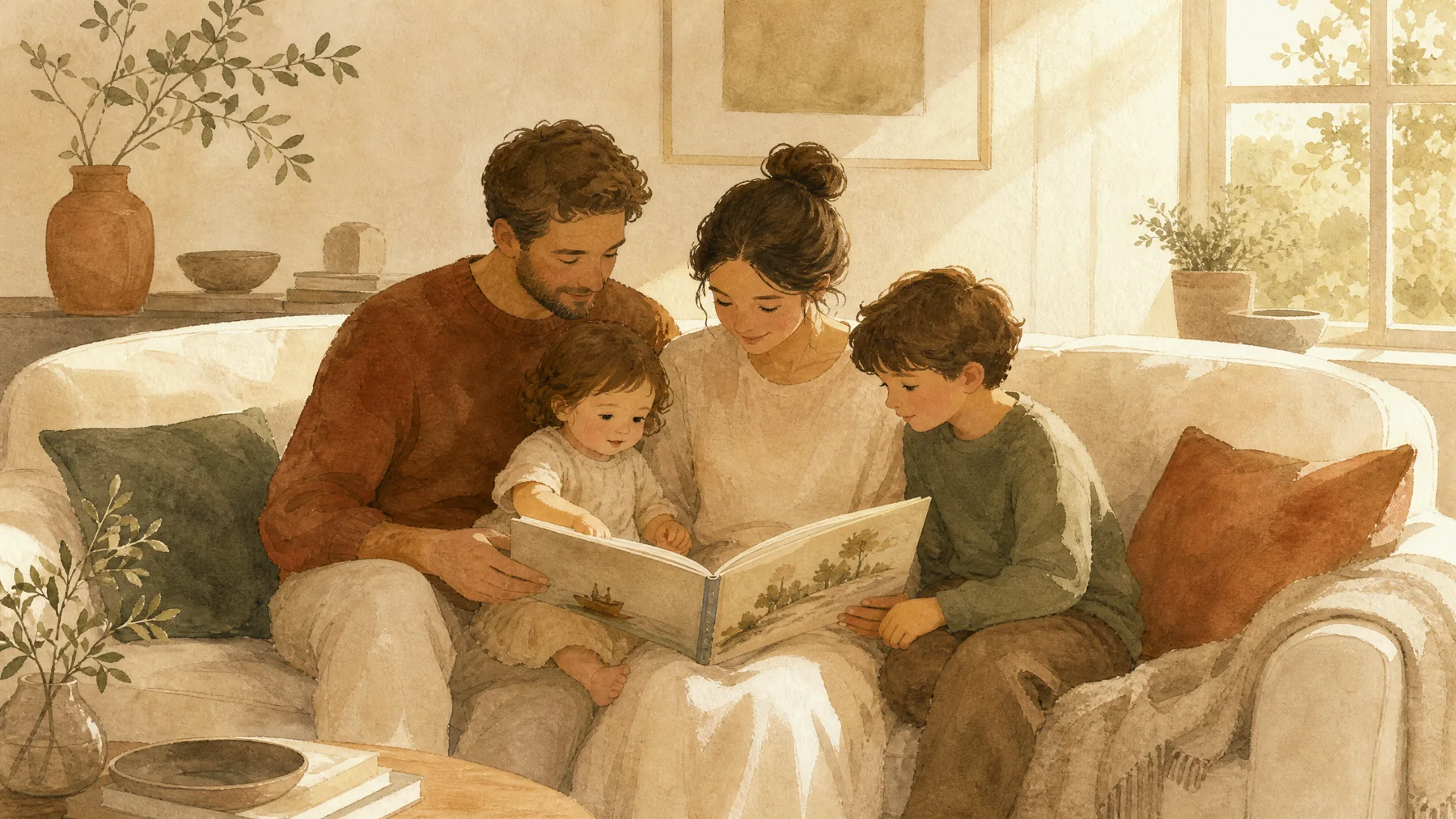 Familia leyendo juntos en un ambiente cálido